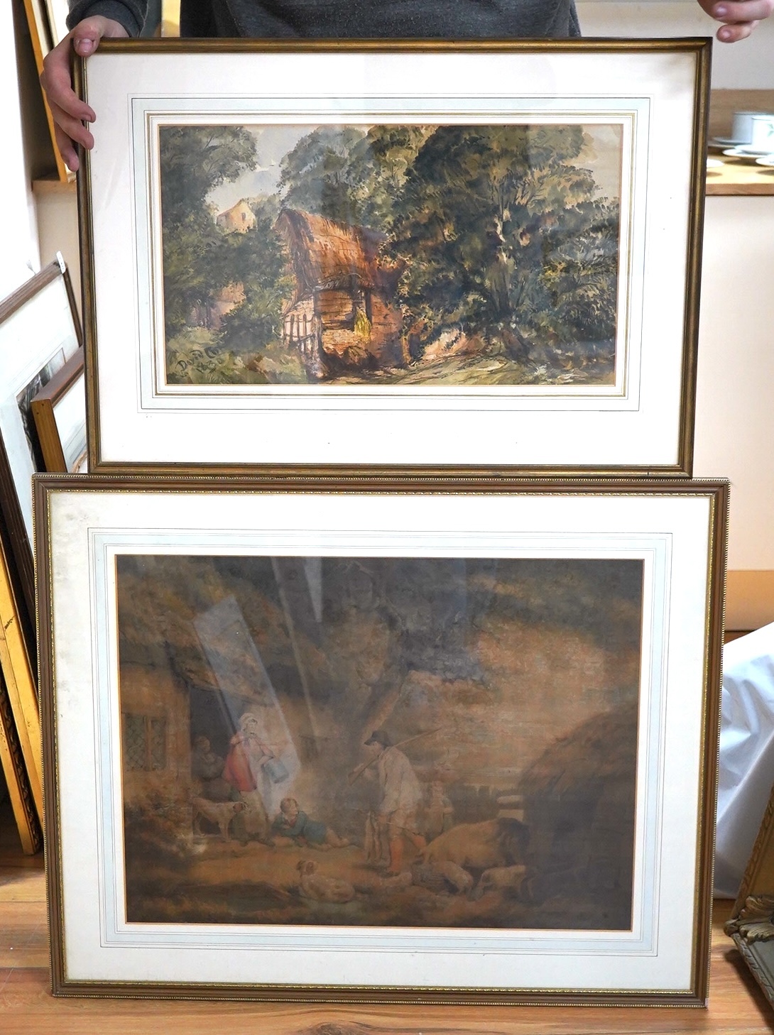 David Cox, watercolour, Pastoral landscape with cottage, signed and dated 1830, together with another unsigned 19th century watercolour, Figures before a cottage, largest 44 x 58cm. Condition - poor to fair